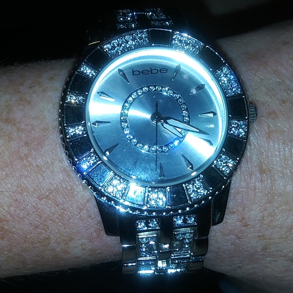 Bebe Rhinestone & Stainless Steel Sparkly Watch For Small Wrist W/Extra Links - Picture 2 of 14